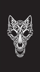 Fototapeta premium Intricate white wolf skull illustration featuring ornamental line art on dark background.