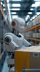 Fototapeta premium A futuristic robot with human features carefully moves a box in a warehouse, demonstrating logistics automation, which will highlight technological progress as the main backdrop 