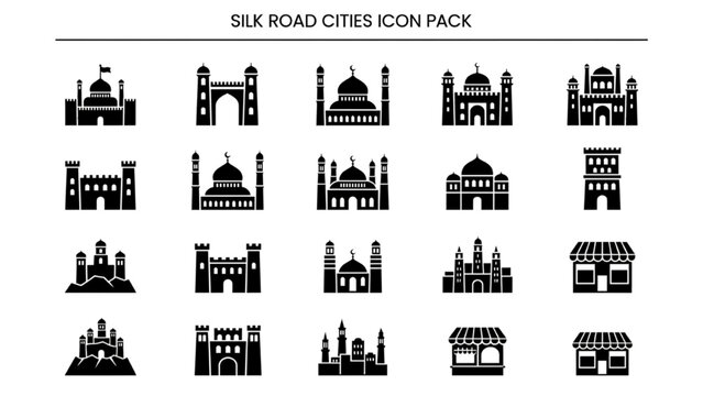 Silk Road cities icon set featuring architectural landmarks and monuments