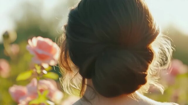 Elegant young woman with a graceful updo turning in a sunlit garden full of pink roses