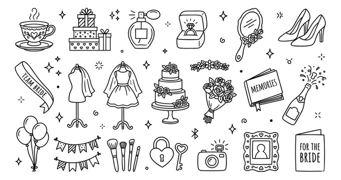 Wedding and Bridal Shower Doodle Icons Set. Hand-drawn Line Art Collection of Bride, Bachelorette Party, Engagement, and Celebration Elements for Invitations, Marketing, Social Media, and Event