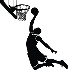Silhouette of basketball player performing powerful slam dunk in mid air, dynamic sports action illustration isolated on white background, athletic competition concept © MstParul
