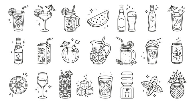Refreshing Summer Drinks and Beverages Line Art Icon Set. Hand-drawn outline illustrations of cocktails, juices, sodas, beer, and water with fruits and ice, ideal for menus, web design,