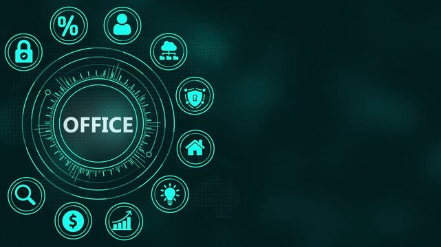 Digital interface displaying the word OFICE at its center, surrounded by a circle of business and data icons on a dark technological background