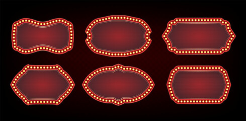 Vintage vegas casino show bulb frame, glowing retro signboard isolated on transparent background. 3D red border set with neon light elements, classic circus show or cinema design elements © klyaksun