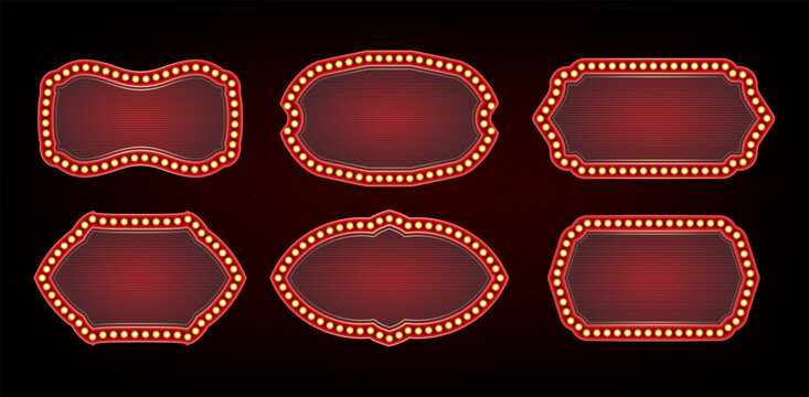 Vintage vegas casino show bulb frame, glowing retro signboard isolated on transparent background. 3D red border set with neon light elements, classic circus show or cinema design elements
