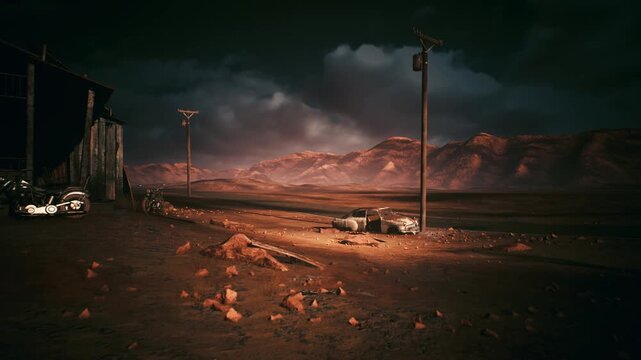 desert twilight shack with lone pole, rugged outpost on arid plain with battered wooden shack, broken wheel, scattered debris and distant mountains under stormy