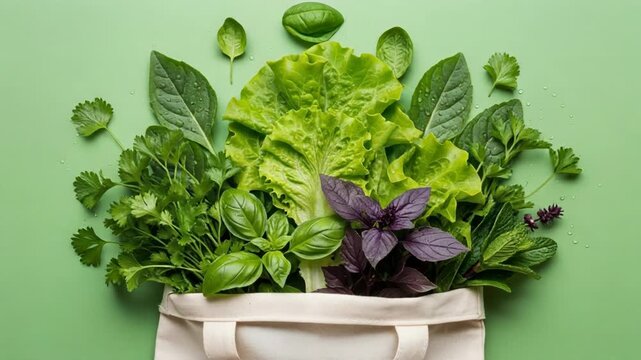 A canvas tote bag overflowing with various leafy greens and herbs against a green background