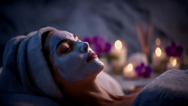 Therapy stress release treatment, health lifestyle. A woman lying down with a white facial mask on her face, wrapped in a white towel, surrounded by candles and flowers, suggesting a spa setting.