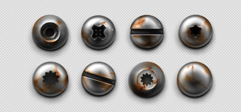 Metal screws and bolt heads collection with rusty textures, realistic vector srt isolated on transparent background. Industrial steel elements different heads, steel rivets, and vintage nail design