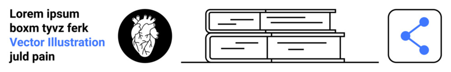 Education, anatomy studies, social media sharing, online learning, medical symbol, information sharing. Stack of books, heart diagram and connection icon. Education and anatomy studies concept