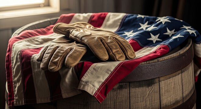 American flag drape over wooden barrel