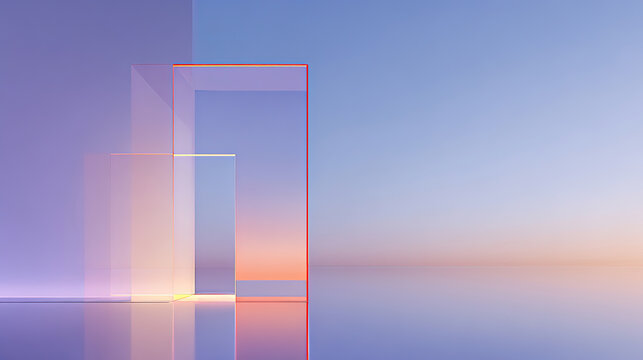 Exhibition stand background featuring blue and orange color scheme and glass texture products