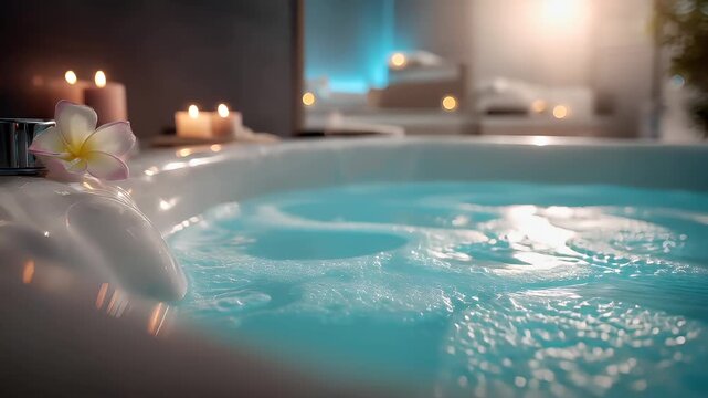 Therapy stress release treatment, health lifestyle. A tranquil scene of a luxurious spa, with a white and pink flower floating in a pool of water surrounded by candles, creating a serene atmosphere.