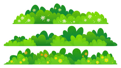 Green bush border cartoon vector illustration isolated on white background. Spring plant with blooming color flowers, natural garden hedge, park or forest design elements, summer landscape shrub