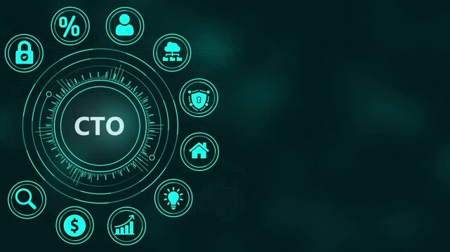 Digital Technology Interface with CTO Text and Business Icons on a Dark Futuristic Background chief technology officer