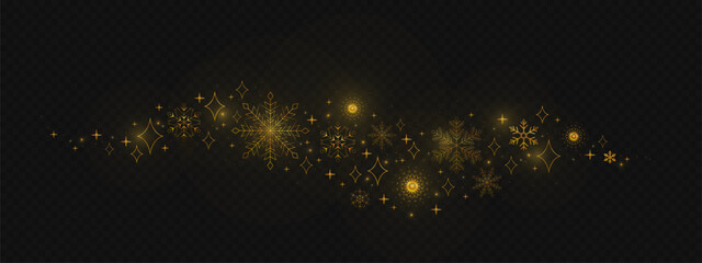 Golden snowflake border, elegant winter abstract pattern isolated on dark transparent background. Festive snow ornament, decorative element for holiday greeting cards, Christmas banner design © klyaksun