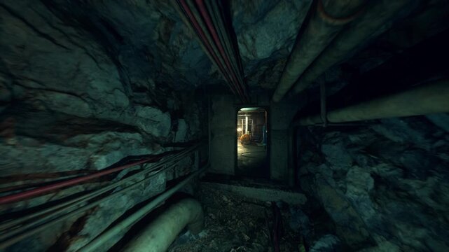 Dim gateway opens into brightly lit industrial maintenance corridor, Dark doorway provides access to luminous alley filled with machinery and piping