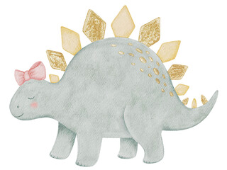 Cute watercolor baby dinosaur nursery art. Sweet girl stegosaurus with pink bow. Pastel green dino illustration. © Karina Martirosova