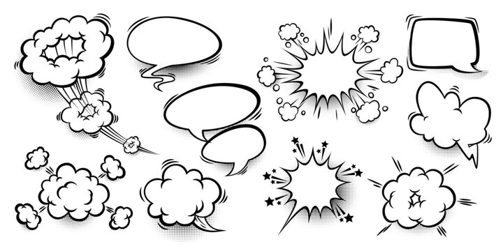 Comic book speech bubbles with pop art sound effect and halftone. Cartoon cloud doodle icons, empty speach frames, comix design templates vector set isolated on white background