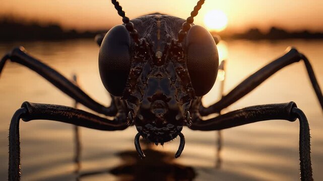 Water strider insect on serene lake at golden sunset