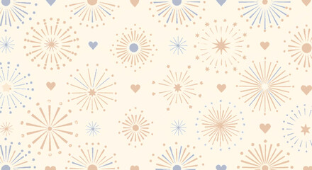 Playful beige background with pastel hearts and stars soft abstract sunburst shapes and gentle illustrations for whimsical design