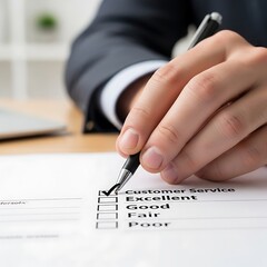 Fototapeta premium Customer service survey form being filled out with a pen.