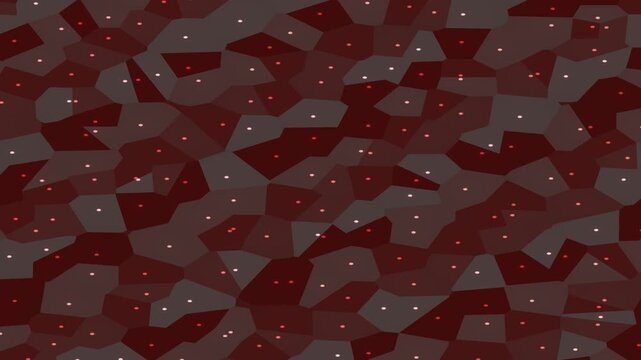 Abstract cellular pattern with dark red, maroon, and grey polygons and scattered white dots for digital background