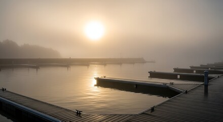 Obraz premium Dock and lake shrouded in mist at sunrise, creating an ethereal ambiance