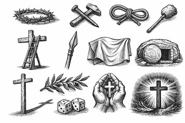 Passion of Christ Vintage Engraving Icon Set with Crown of Thorns, Cross, Spear, Nails and Crucifixion Symbols