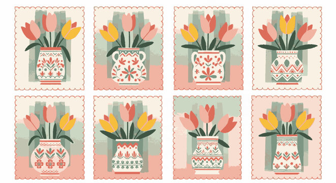 Collection of eight decorative tulip illustrations in vases with pastel colors and floral patterns on a white background