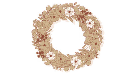 Floral wreath with white flowers and red berries on beige leaves circular arrangement on white background
