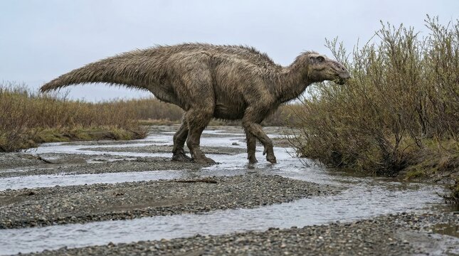 Shaggy hadrosaur on gravel stream, ancient ecosystem, prehistoric herbivore in natural habitat, dinosaur exploration, earth history insight