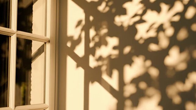 Sunlight casting dappled leaf shadows on a textured wall next to a window