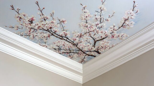 Intricate mural featuring blossoming tree branches decorates the corner of an interior ceiling space