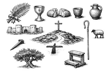 Christian Biblical Vintage Engraving Icon Set with Cross, Bread, Chalice, Palm Branch and Sacred Symbols