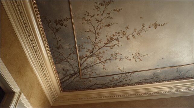 Ornate interior architectural detail displays a hand-painted mural featuring delicate tree branches against a muted sky.