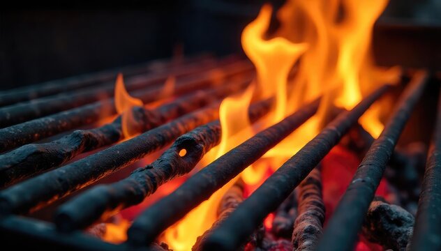Close-up of a fiery grill grate, flames licking at the metal bars, demonstrating the flammability of grilling materials , red hot, grill safety, burning
