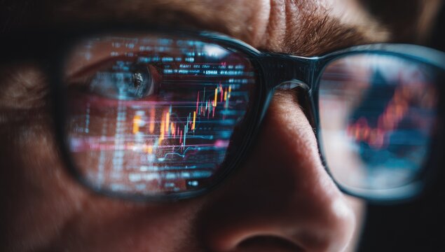 Close-up of eyes wearing glasses reflecting stock market data