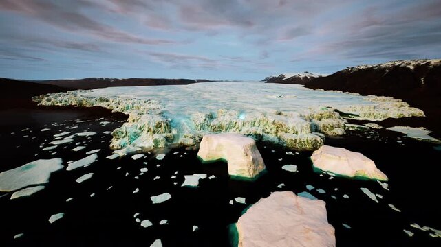 aerial view of breaking sea ice with wide fractures and drifting floes, open channels of dark water, dynamic movement, hazard implications for shipping