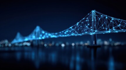 Fototapeta premium Illuminated digital network structure stretches across dark water above a blurred cityscape reflection