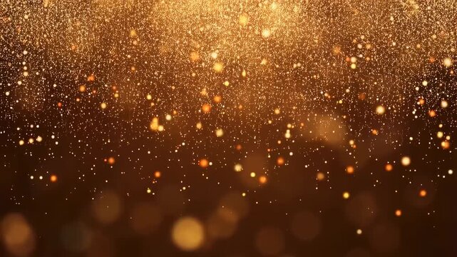 Golden glittering particles falling gracefully against a warm brown background. Ideal for festive celebrations, luxury themes, and creating a magical atmosphere