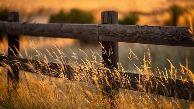 Golden Colored Grass Gently Blowing in the Wind Alongside a Rustic Wooden Split Rail Fence at Golden Hour