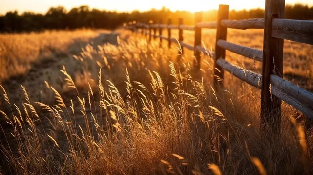 Golden Colored Grass Gently Blowing in the Wind Alongside a Rustic Wooden Split Rail Fence at Golden Hour