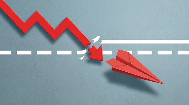 Conceptual illustration of a red downward arrow breaking through a line representing economic recession and financial crisis.