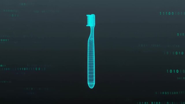 Futuristic digital toothbrush with glowing elements against a dark abstract background of binary code
