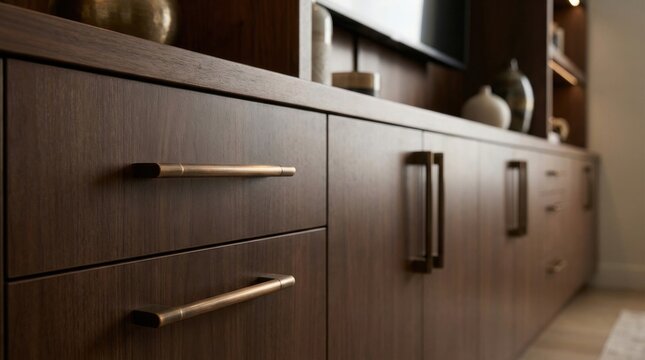 Close-up of modern dark wood cabinet with elegant metallic brass drawer hardware and handles