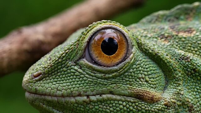 Close up of a green lizards eye showing detail and texture