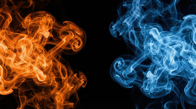 Abstract background of orange and blue smoke swirls clashing on a black background representing fire and ice.