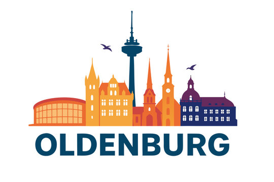 A colorful vector graphic illustration of the Oldenburg city skyline